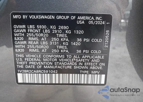 2024 Volkswagen Atlas 2.0T Sel z USA, uszkodzony, nr VIN 1V2BR2CA8RC591042